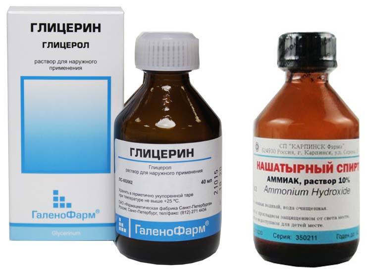 Глицерин и нашатырный спирт Глицерин, нашатырный спирт